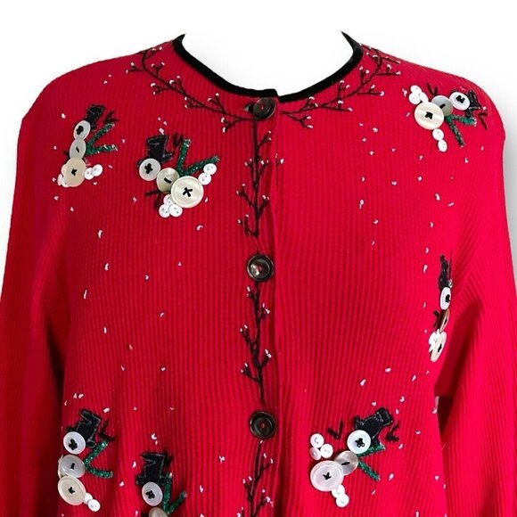 Y2k Vintage Susan Bristol Womens Christmas Cardigan Sz PM Red Button Snowmen - Picture 3 of 10